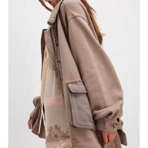 Free People Small Alexa Sweatshirt Zipper Snap Button Closure Dusted Cocoa NEW
